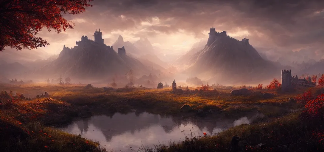 Prompt: beautiful render of a autumn landscape, unreal engine, dark fantasy style, first light, majestic mountains, swamps, morning mist, dramatic clouds, big castle ruin, soft light, by greg rutkowski, cgsociety