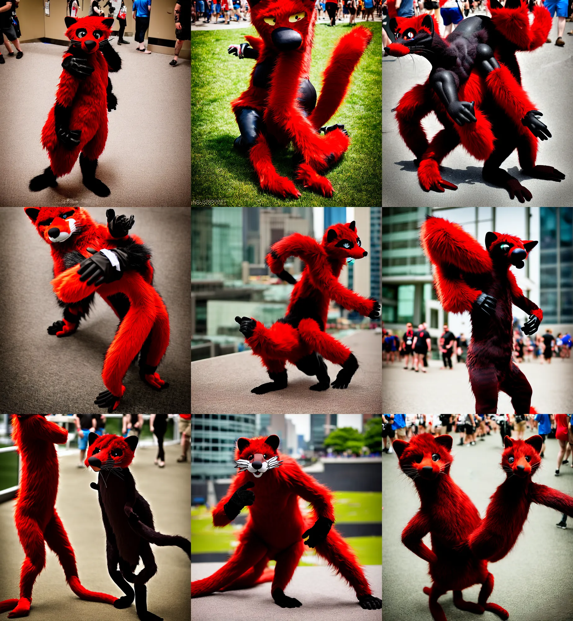 Image similar to fullbody photoshoot photo portrait of a roguish male red - black furred weasel furry fursuiter ( tail attached ), taken at anthrocon ( furry convention )