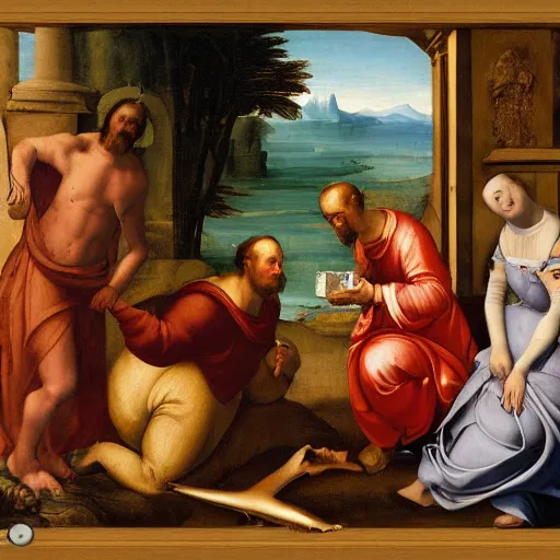 Prompt: renaissance painting with a camel and a shark drinking tea and eating biscuits