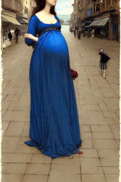 Image similar to pregnant woman in a small blue dress on night street, highly detailed, sharp focused, ultra realistic digital concept art by John William Waterhouse