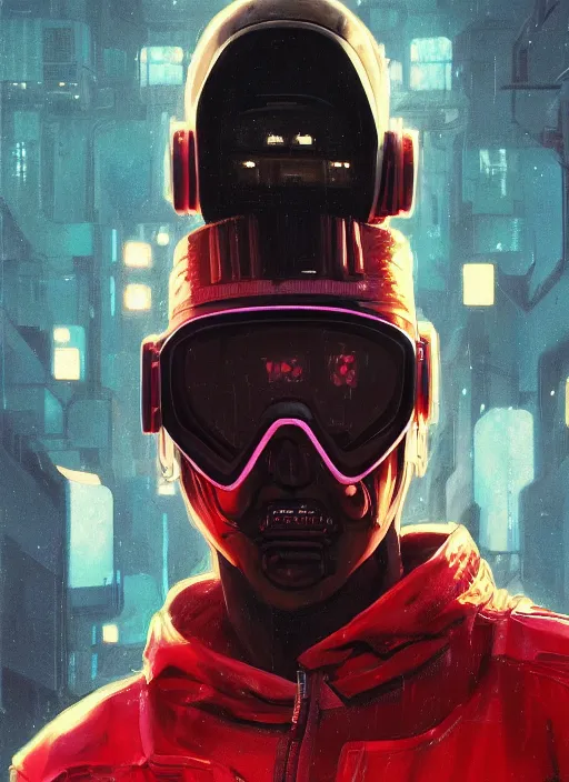 Prompt: cyberpunk character wearing jumpsuit and red jacket and cyberpunk headset. ( blade runner 2 0 4 9, dystopian, cyberpunk 2 0 7 7 character design ). attractive face. portrait by james gurney and laurie greasley, oil on canvas. cinematic, hyper realism, realistic proportions, anatomy, dramatic lighting, high detail 4 k