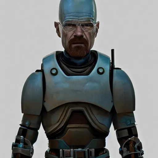 Prompt: Walter White in cybernetic battle armour, 4k octane render, highly detailed, concept art, Ralph McQuarrie