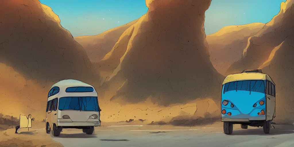 Prompt: an israeli egged bus driving in the negev, noon, sunlights, wide shot, digital art, ghibli style, vivid colors, flat colors, trending on artstation, high quality