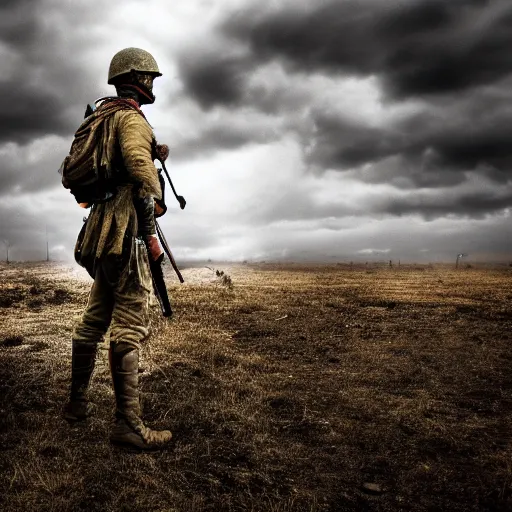 Image similar to war, pyrus victory, loner, battlefield scene, dramatic lighting, ultra hd, hdr, 8 k