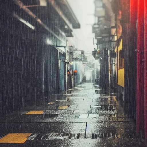 Image similar to a rainy cyuberpunk neo tokyo alley with a black cat sleeping on a piece of cardboard on the floor, photo, 4 k