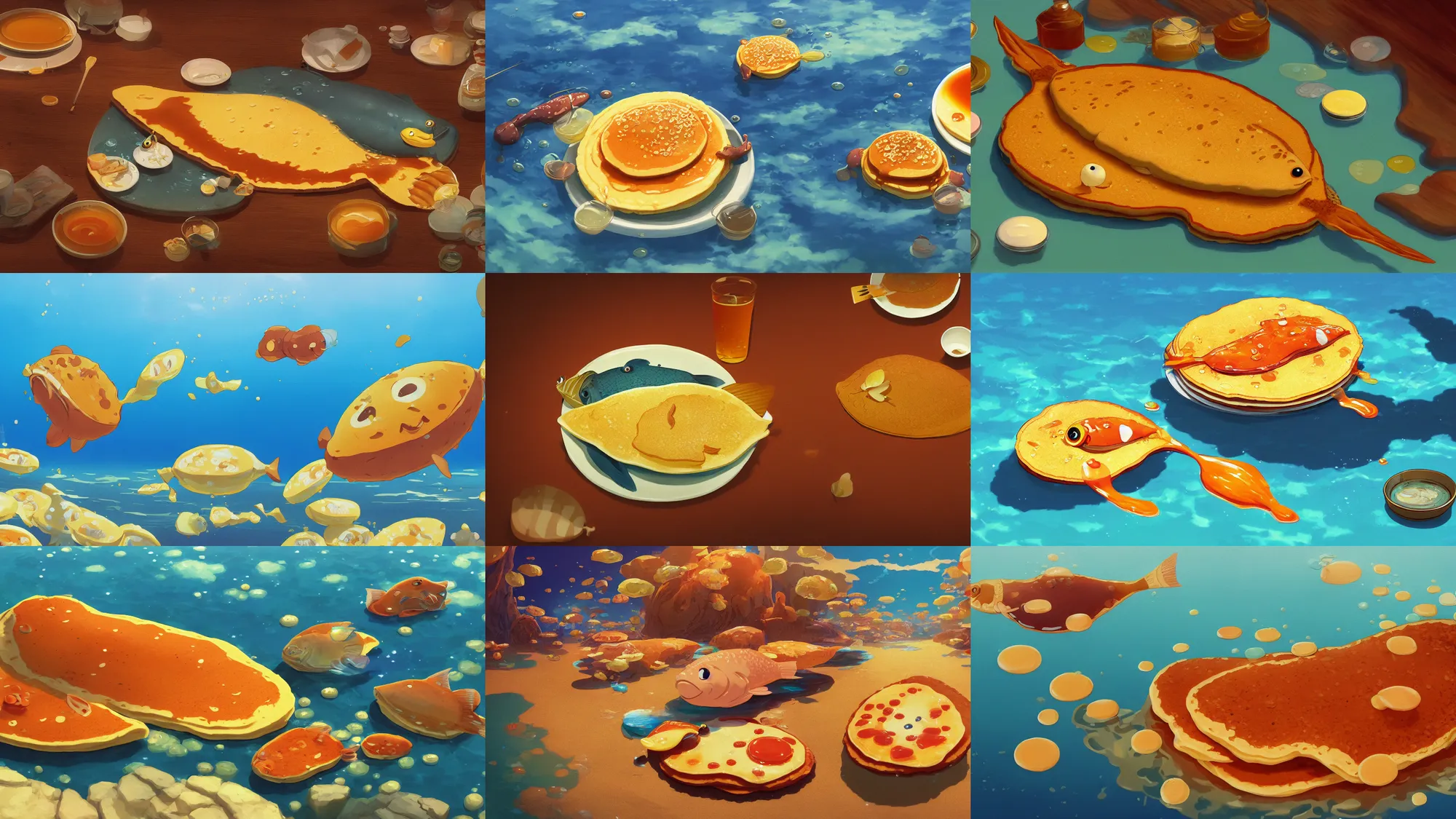 Prompt: painting of a happy flat pancake fish swimming in syrup, cute, 4 k, fish made of pancake, fantasy food world, living food adorable pancake, brown atmospheric lighting, by makoto shinkai, studio ghibli, chris moore