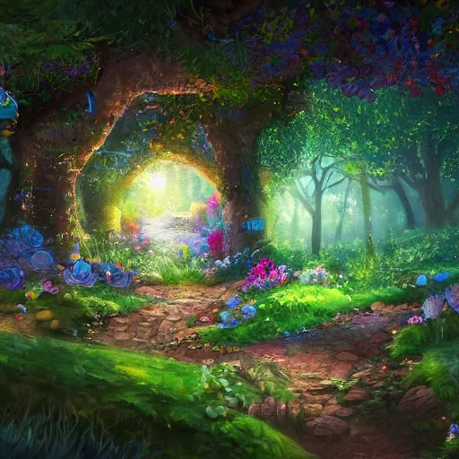Prompt: An enchanted forest, colorful flowers, pathway, reflection, moonlight, fantasy scene, clear sky, illustration, depth of field, temple ruins, soft light, high definition, detailed, 8k, Artstation, fantasy art