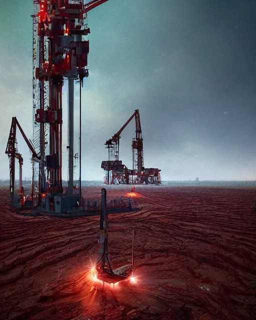 Prompt: the spirit of mother nature screams out in agony. drilling rigs bore into the earth in the background. wide shot, detailed, sharp, 8 k, digital art by beeple.