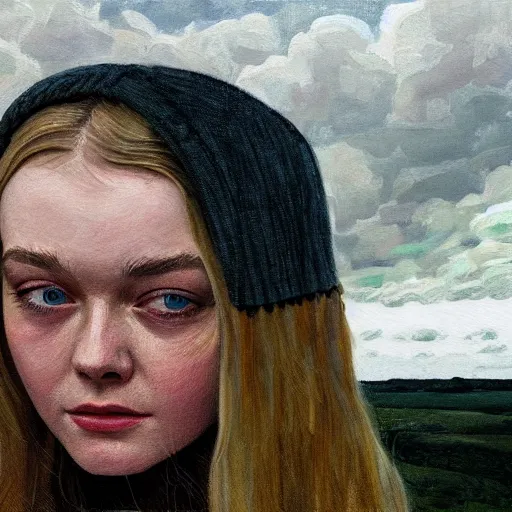 Prompt: professional painting of Elle Fanning as 007 in the style of Scott Listfield and Andrew Wyeth, head and shoulders portrait, symmetrical facial features, smooth, sharp focus, illustration, intricate, stormy weather, extremely detailed masterpiece,