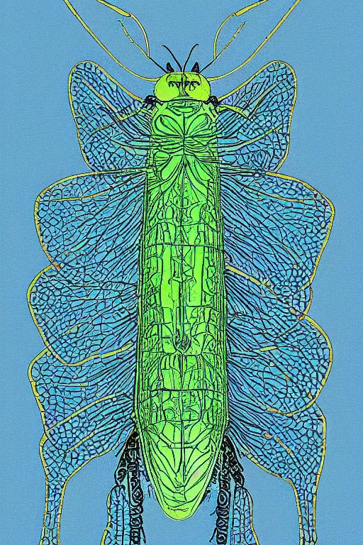 Image similar to transparent rare insect with reaction diffusion patterns. top view. high detail. illustration by Moebius