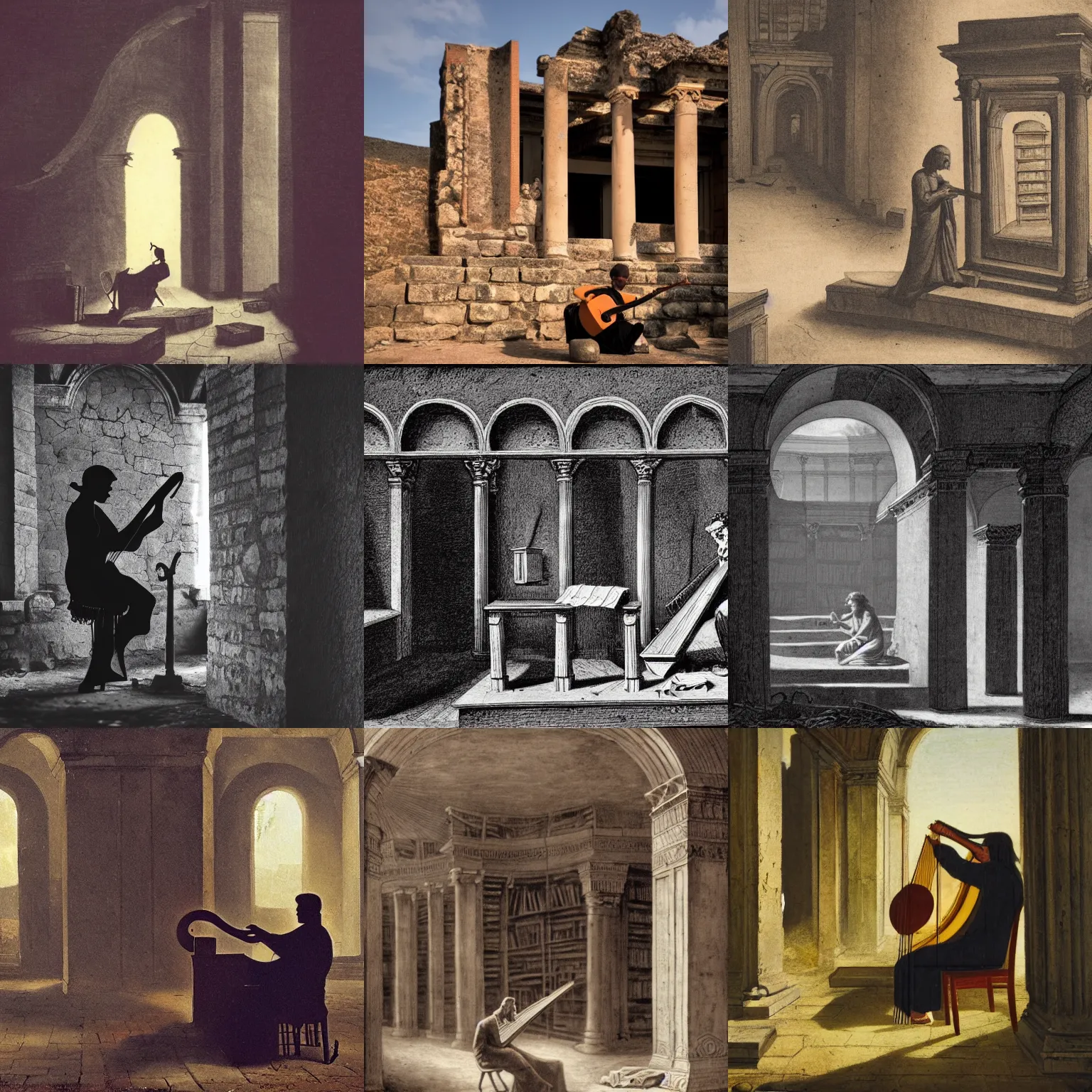 Prompt: a shadowy figure playing a stolen harp in the ruins of an ancient library