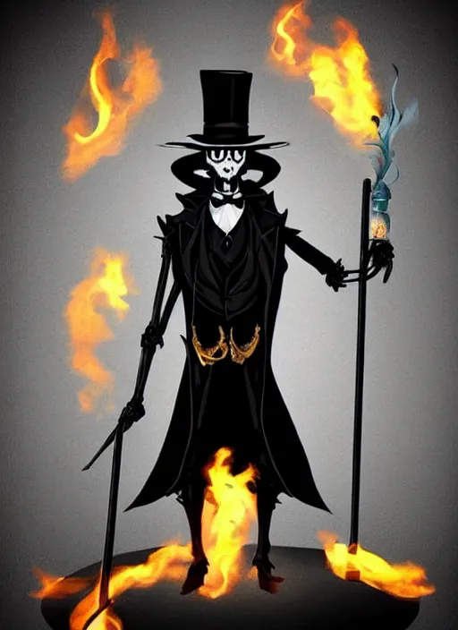 Image similar to DND character concept, skeletal male figure, wearing a deep black suit!!! and tie and top hat, holding a gold! cane!. Surrounded by light blue!!! flames!!