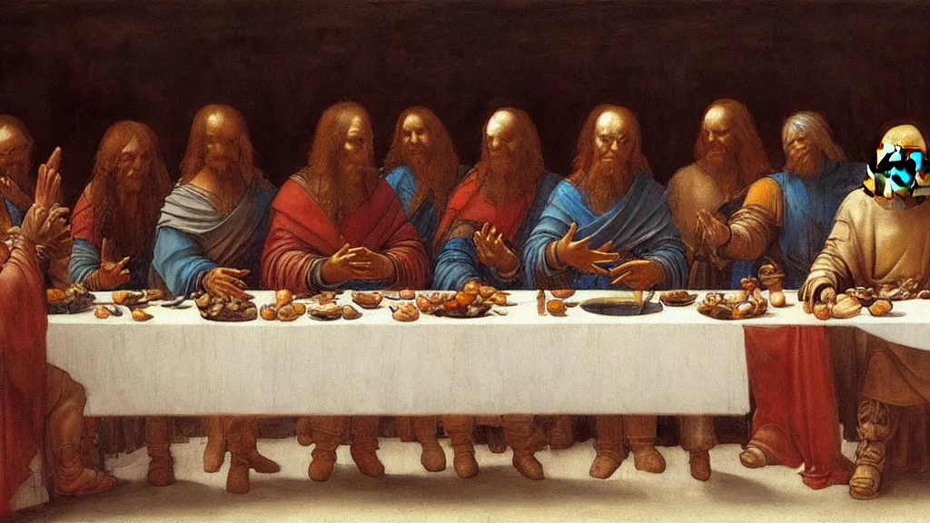 Image similar to mandalorian at the last supper, by leonardo davinci, concept art, oil painting, art station