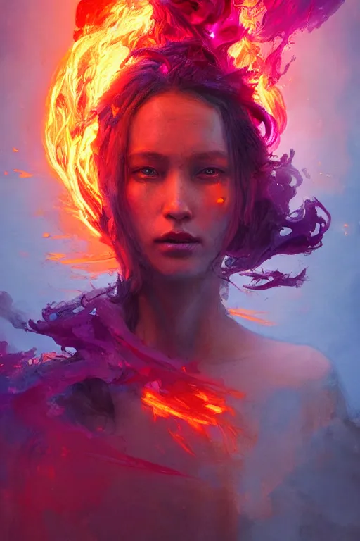 Image similar to a beautiful portrait of a goddess women engulfed in deep colourful flames by Greg Rutkowski, Sung Choi, Mitchell Mohrhauser, Maciej Kuciara, Johnson Ting, Maxim Verehin, Peter Konig, Bloodborne , 8k photorealistic, cinematic lighting, HD, high details, atmospheric , trending on artstation