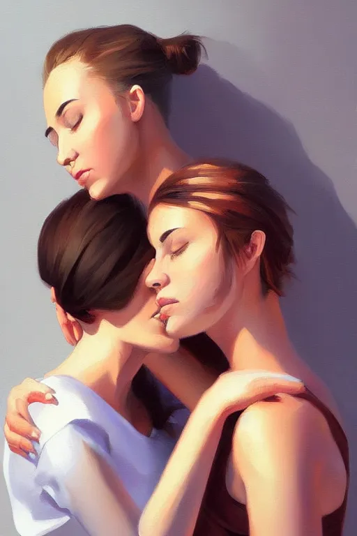 Image similar to a painting of a woman holding another woman, a digital painting by RHADS, trending on cgsociety, figurative art, digital painting, speedpainting, soft mist