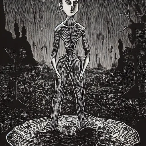 Image similar to rich details by allison bechdel. a beautiful land art of a small figure standing in the center of a dark, foreboding landscape. the figure is surrounded by strange, monstrous creatures, & there is a feeling of unease & dread.