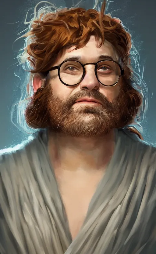 Prompt: george costanza with wild hair and bright eyes. he's wearing a flowing bathrobe made of light, airy fabric and he has a mischievous look on his face, dynamic lighting, photorealistic fantasy concept art, trending on art station, stunning visuals, creative, cinematic, ultra detailed
