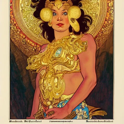 Image similar to portrait of a Chibcha gold goddess by Kowalski and Heckel and Ríos and Rutkowski and Mucha and Brom and Miller and Botero and Dalí and El Greco and Gutiérrez