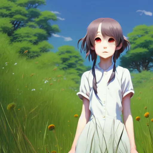 Image similar to a film still portrait of an anthropomorphic rat girl standing in a meadow under a tree, finely detailed features, closeup on the faces, perfect art, gapmoe yandere grimdark, trending on pixiv fanbox, painted by greg rutkowski makoto shinkai takashi takeuchi studio ghibli, akihiko yoshida