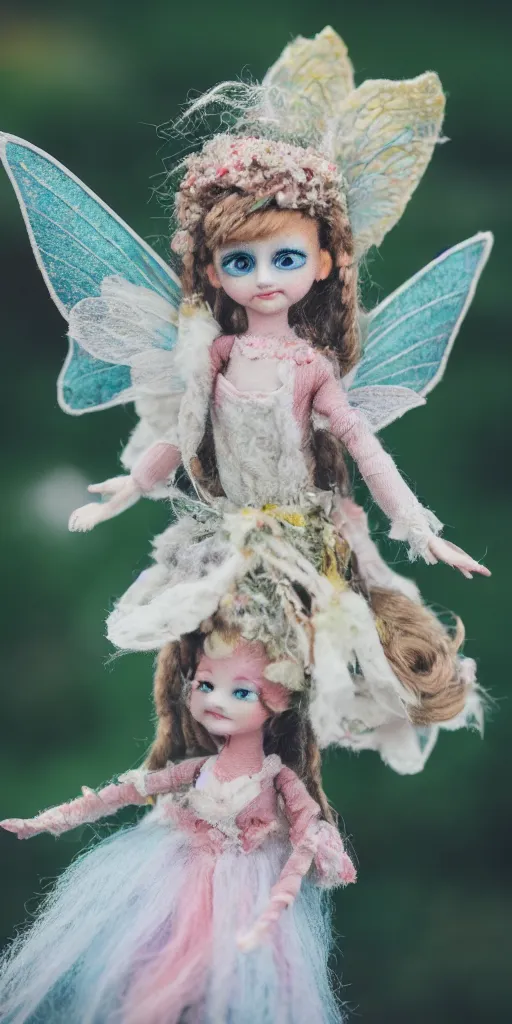 Image similar to high quality presentation photo of a detailed fairy doll in the style of Nicoletta Ceccoli photography 4k f1.8 anamorphic bokeh 4k Canon Nikon