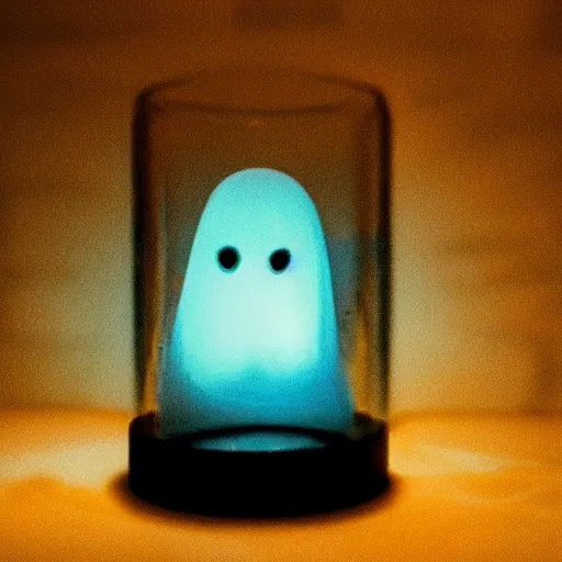 Prompt: a glowing ghost contained in a jar, realistic illumination