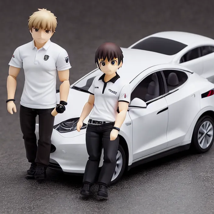 Prompt: a anime nendoroid of elon musk wear white polo shirt and black shoe, car tesla 3, figurine, product photo, detailed