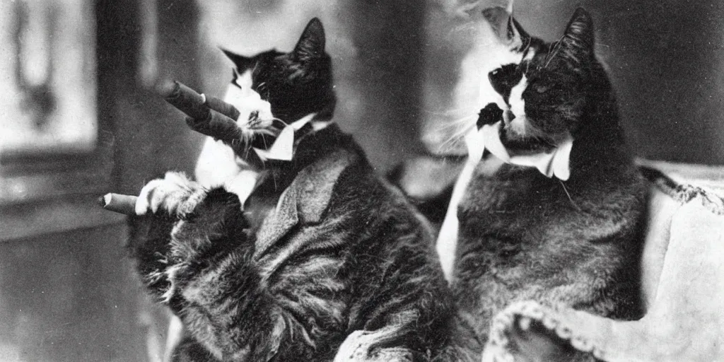 Image similar to vintage photo from 1900 of a cat smoking a cigar, portrait award winning, funny