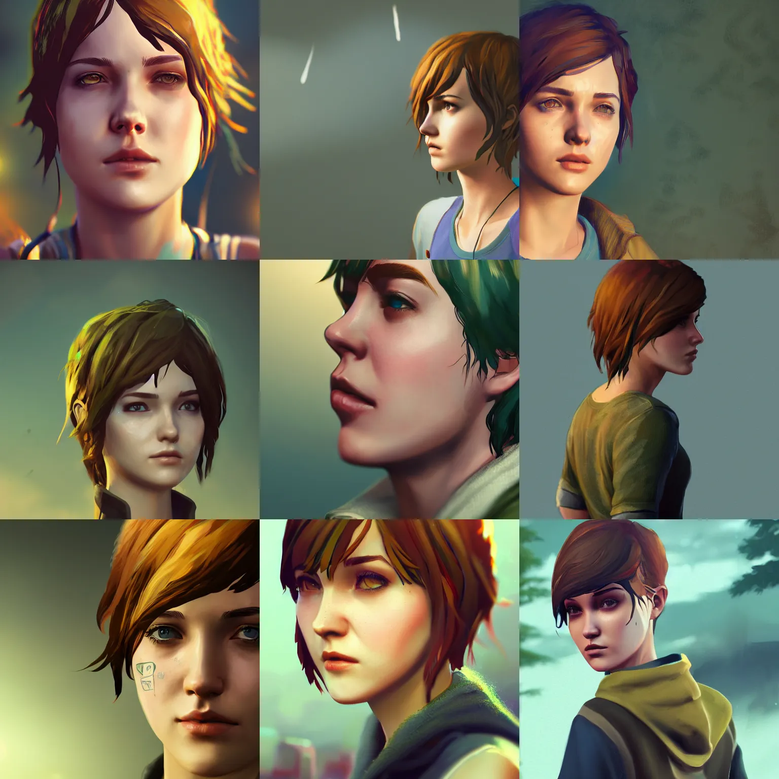 Image similar to life is strange highly detailed, nervously looking over shoulder, green hair, smooth, sharp focus, artstation, concept art, golden hour, soft lightning