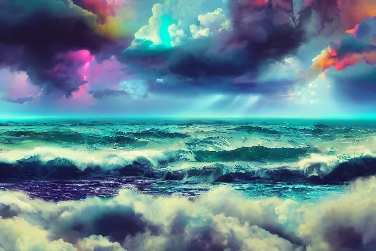 Prompt: oil on canvas of colorful stormy clouds, stormy ocean, forces of natures, clouds, sun rays, volumetric lighting, beautiful, deep colors, bright, amazing, gorgeous, wonderful, Hyper detailed digital matte painting, cinematic lighting, beatifully lit, concept art, hyperrealism, Cinema 4D, 8k resolution, 64 megapixels, coherent, CGSociety, ZBrush Central, behance HD, hypermaximalist, a masterpiece, 4K, trending on artstation