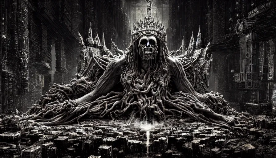 Prompt: highly detailed dark rotting god god sitting on a throne of bodies, night, death, fear, horror, religion, in style of minecraft, monochrome, cyberpunk, by caravaggio, hyperrealism, detailed and intricate environment