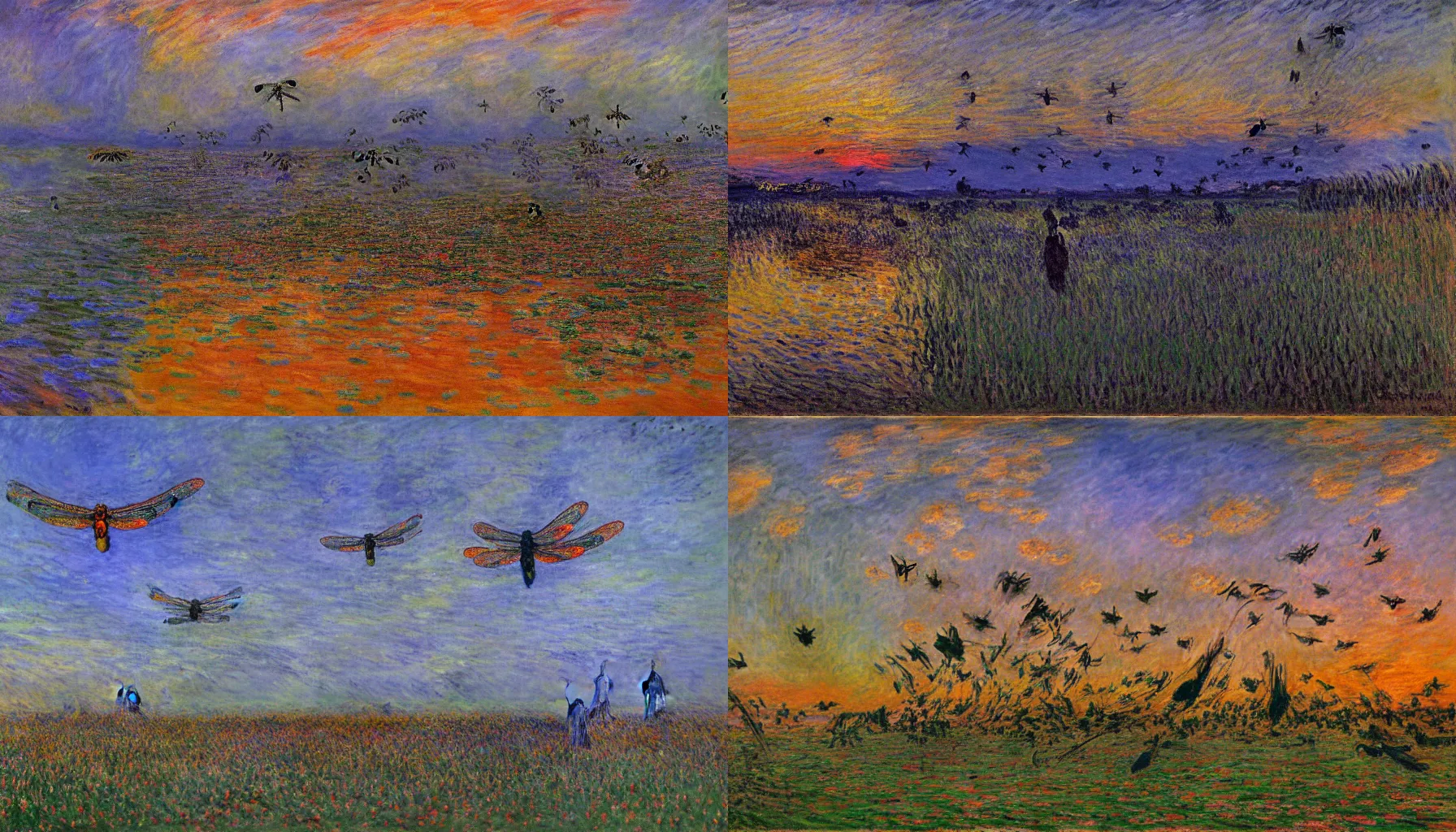 Prompt: Giant dragonflies swarming an animal carcass, dusk, vivid colors, intricate details Claude Monet