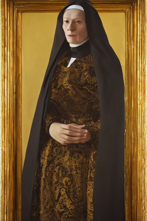 Image similar to portrait, beautiful vampire nun, tight opulent gold embroidered habit, studio lighting, art jacek malczewski