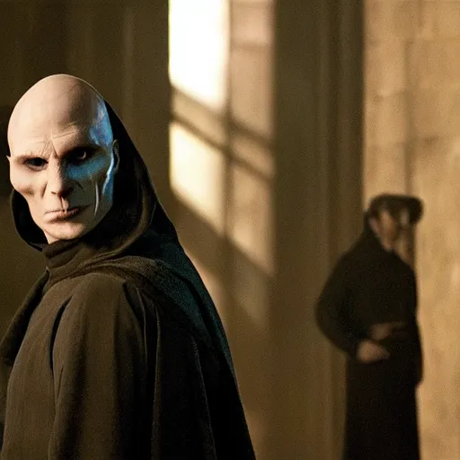 Image similar to Voldemort played by the actor Leonardo di Caprio, movie still