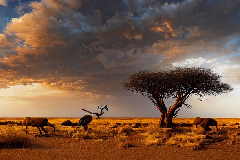 Prompt: beautiful landscape photography of the Kalahari desert, a vulture sitting in the foreground, by Marc Adamus,