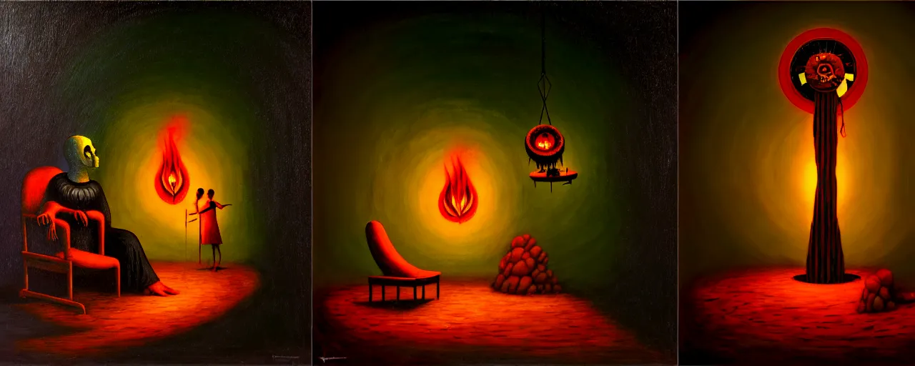 Image similar to hedonic treadmill, dark uncanny surreal painting by ronny khalil, shaun tan, and kandinsky, dramatic lighting from fire glow, mouth of hell, ixions wheel