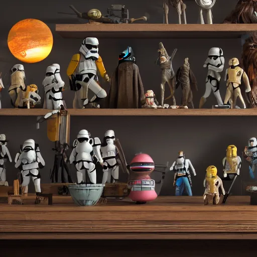 Prompt: antique shelf filled with star wars toys. photorealism, soft window light, morning. hyperrealism, dusty, moody, high detail, artstation, unreal engine.