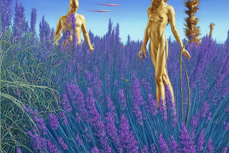 Image similar to evangelionic illustration, a lot of exotic deep blue vegetation, tall thin lavender trees, tremendous pleasure, gold iridescent flowers, oldschool vintage sci - fi flat surreal design, super - detailed, digital oil painting by moebius, hd, 4 k, high quality