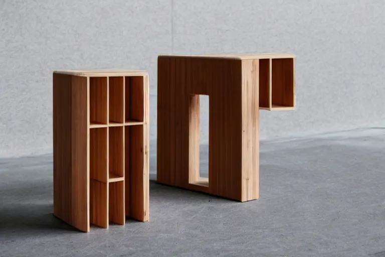 Image similar to an office building, wooden, in the shape of a side table