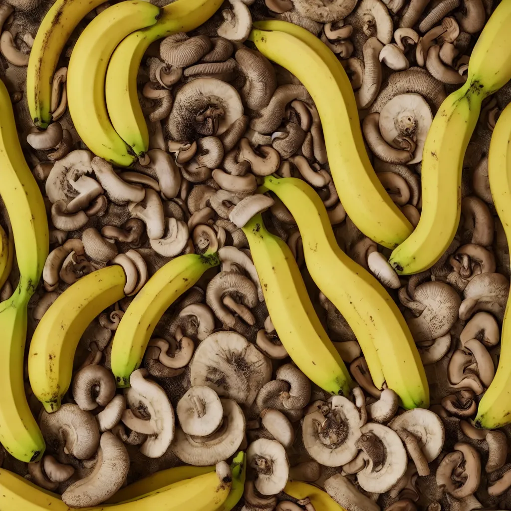 Image similar to circular fractal bananas that grow like coral, inside art nouveau with petal shape, big banana peals, and banana stems, mushrooms and plants, mesh roots. closeup, hyper real, food photography, high quality