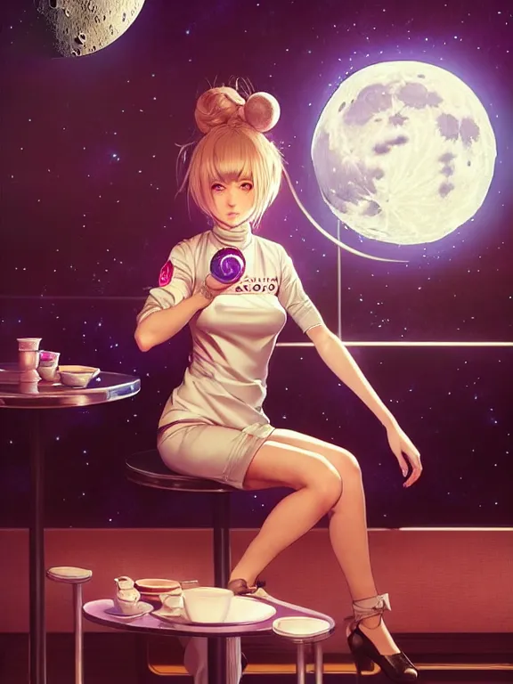 Image similar to full body picture of a space girl sitting in the moon cafe, bored, coveted, beautiful and aesthetic, intricate, unreal engine, messy hair, highly detailed, detailed face, smooth, sharp focus, chiaroscuro, manga illustration, artgerm, greg rutkowski, ilya kuvshinov, rossdraws, alphonse mucha, young adult light novel cover art