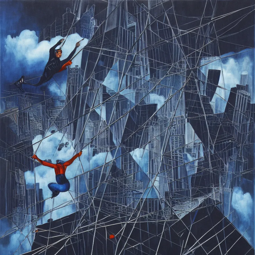 Prompt: surrealist artwork of a downward view of a tightrope artist accidentally falling down into a city full crazy skyscrapers surrounded by dark thundering clouds. black, dark blue and indigo colour scheme.