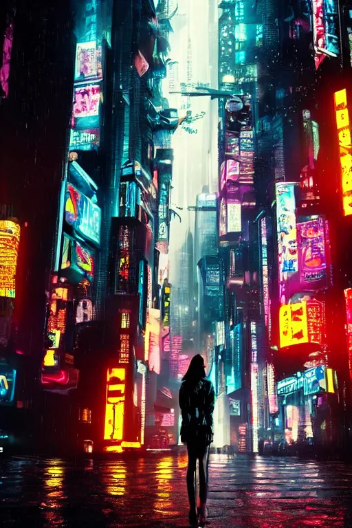 Prompt: A girl stands in front of cyberpunk city, in the rain,in theme of Bladerunner movie.