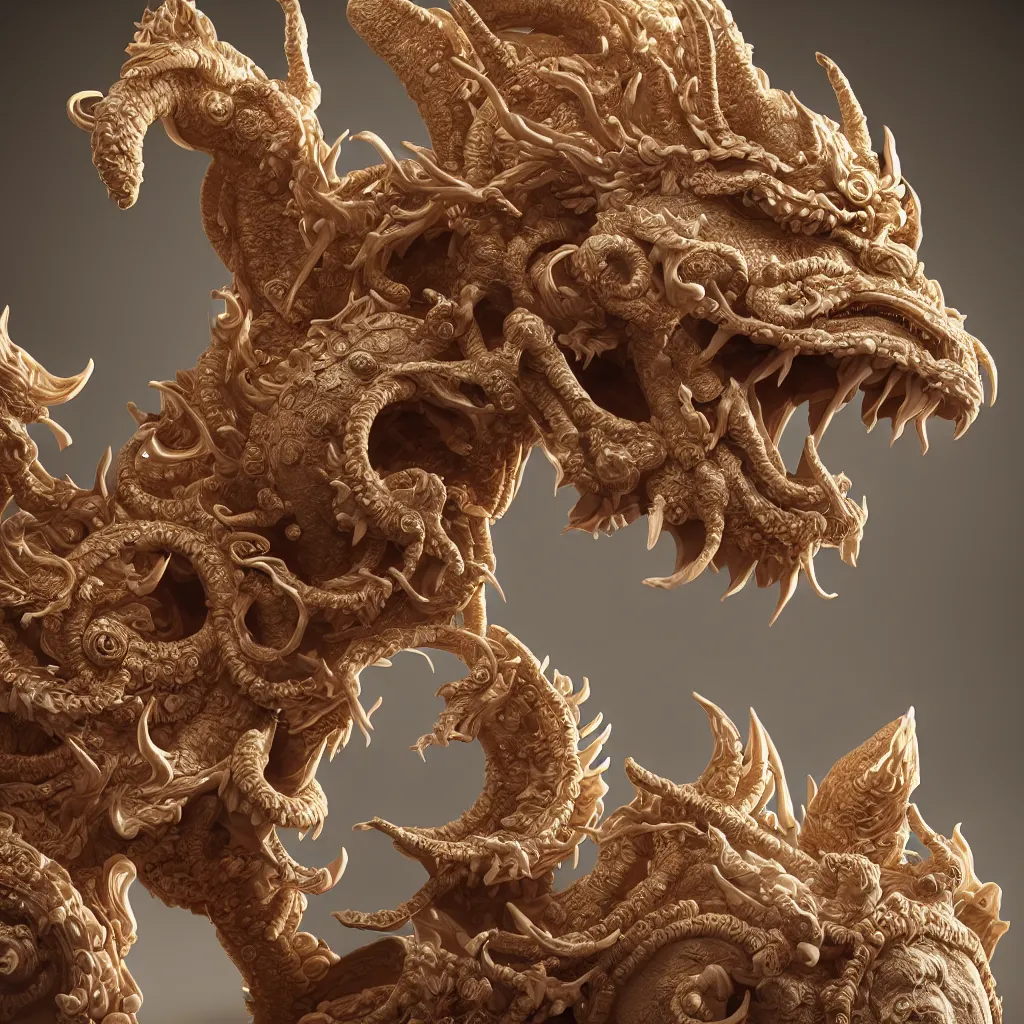 Prompt: a closeup photo - real delicate ceramic porcelain sculpture of an ornate detailed typhon in front of an intricate background by rafael, micro detail, backlit lighting, subsurface scattering, translucent, thin porcelain, octane renderer, colorful, physically based rendering, trending on cgsociety