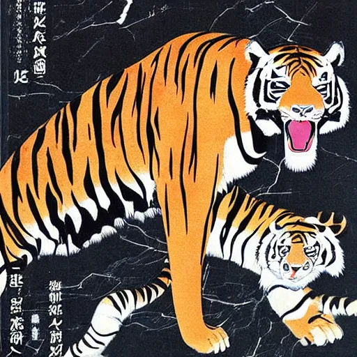 Image similar to a delorean protecting a tiger, japanese magazine collage, art by hsiao - ron cheng and utagawa kunisada