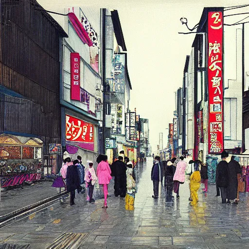 Prompt: a photograph of a japanese street in tokyo. overcast grey day. dark shapes of people. festival colors. by Ida Rentoul Outhwaite. Trending on artstation, hyperrealism, unreal engine