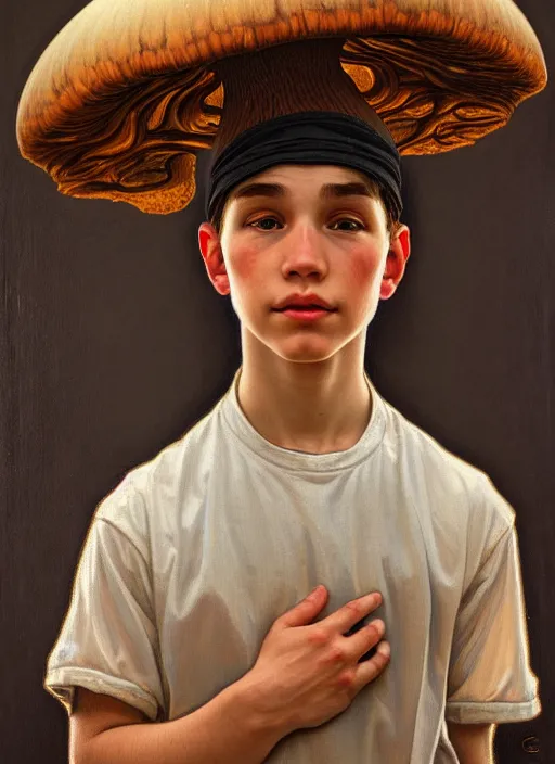 Prompt: oil portrait of a boy with a big mushroom cap on his head, intricate, elegant, highly detailed, lighting, painting, artstation, smooth, illustration, art by greg rutowski and alphonse mucha