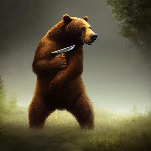 Prompt: bears killing human with knife, concept art, ultra realistic, digital art, rich deep colors, smooth shadows, high resolution, cinematic