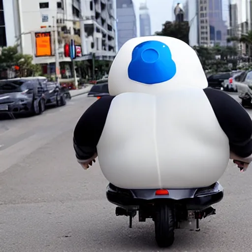 Image similar to Baymax riding a mobility scooter, photo