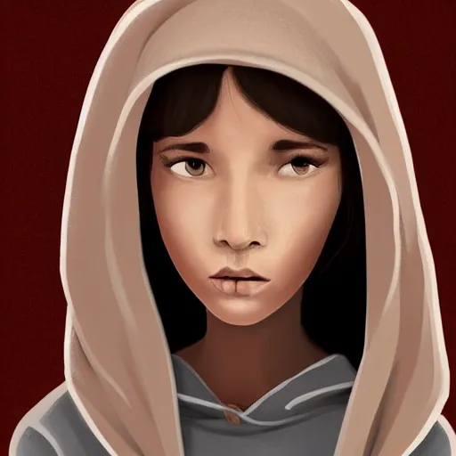 Prompt: young Latin girl with a beige hoodie, shy, focus on face, still, photograph, digital painting, trending on artstation, masterpiece, in the style of JB Casacop, pixar