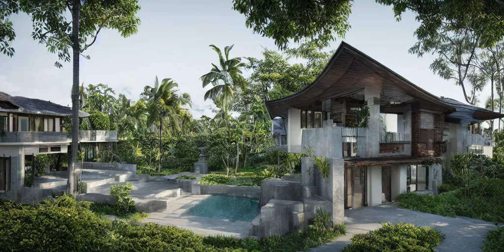 Image similar to 3d rendering of beautiful nature meets architecture concept of a residential house. balinese architecture, volumetric lighting, luxury, high detail, 14mm, cinematic photography, cg architects, high resolution